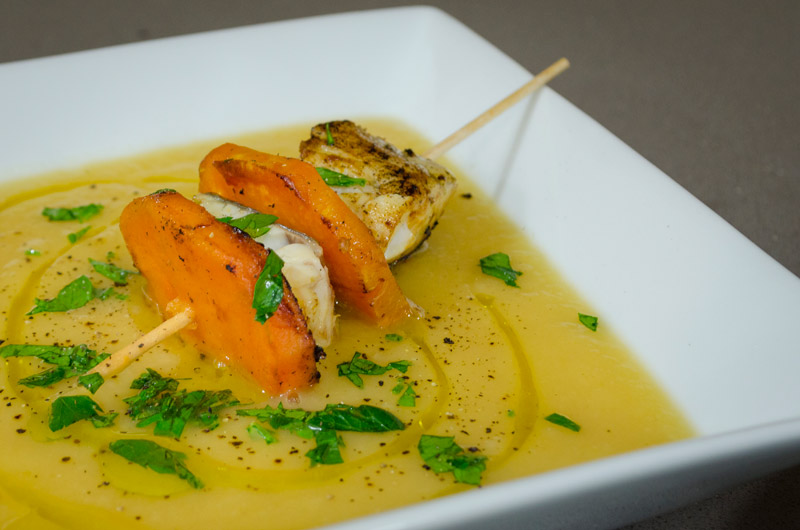 Taller Cocina Saludable. Comidas de Otoño. Brocheta de lubina con cremoso de apio nabo